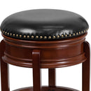 Clara 24" Light Cherry Wood Backless Wooden Counter Stool with Black Faux Leather 360 Degree Swivel Seat
