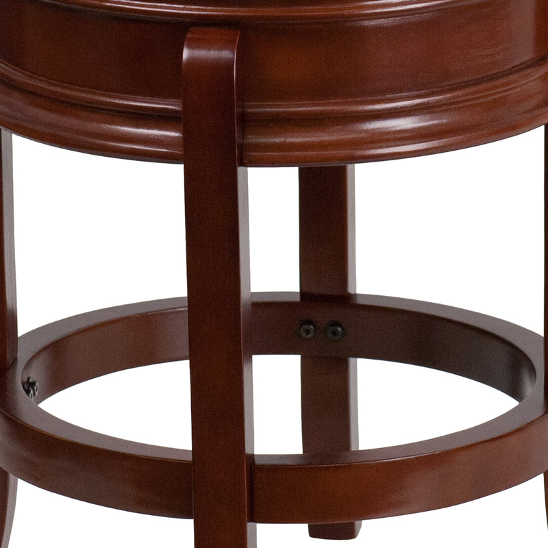 Clara 24" Light Cherry Wood Backless Wooden Counter Stool with Black Faux Leather 360 Degree Swivel Seat
