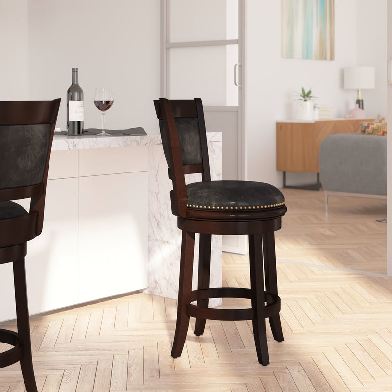 Beatrice 24" Wooden Counter Height Stool with Black Faux Leather Upholstered Panel Back & Swivel Seat with Nail Trim, Cappuccino