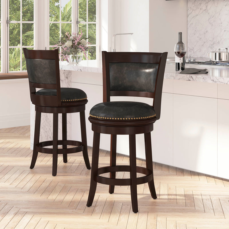 Beatrice 24" Wooden Counter Height Stool with Black Faux Leather Upholstered Panel Back & Swivel Seat with Nail Trim, Cappuccino