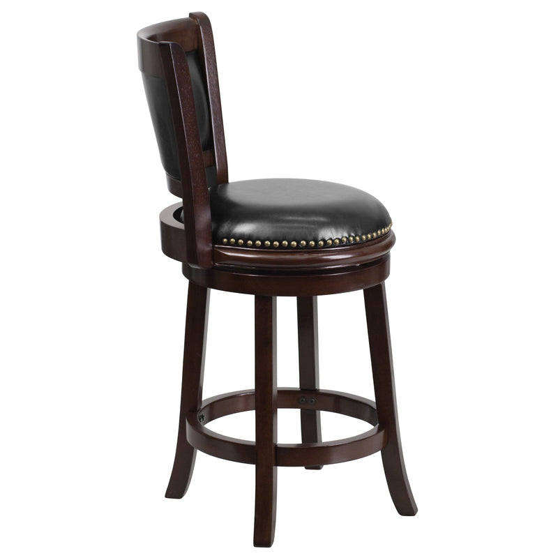 Beatrice 24" Wooden Counter Height Stool with Black Faux Leather Upholstered Panel Back & Swivel Seat with Nail Trim, Cappuccino
