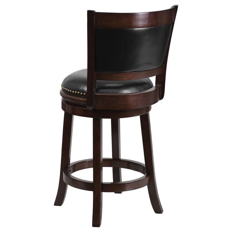 Beatrice 24" Wooden Counter Height Stool with Black Faux Leather Upholstered Panel Back & Swivel Seat with Nail Trim, Cappuccino