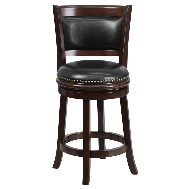 Beatrice 24" Wooden Counter Height Stool with Black Faux Leather Upholstered Panel Back & Swivel Seat with Nail Trim, Cappuccino
