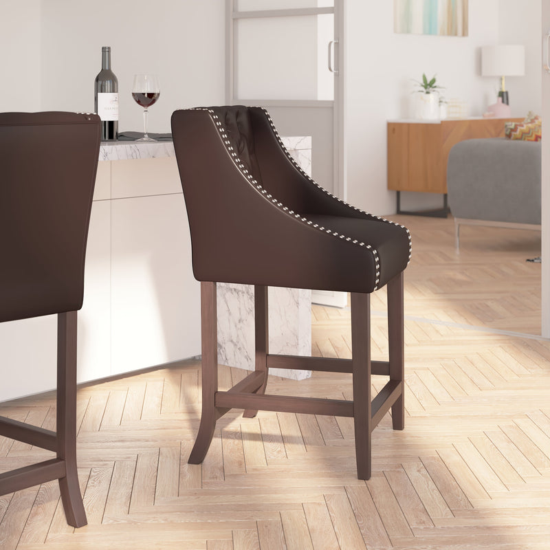 Hadleigh Upholstered Counter Stool 24" High Transitional Tufted Walnut Counter Stool with Accent Nail Trim