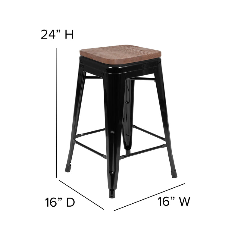 Brooklyn 24 Inch Tall Stackable Metal Bar Counter Stool With Textured Elm Wood Seat In Set Of 4