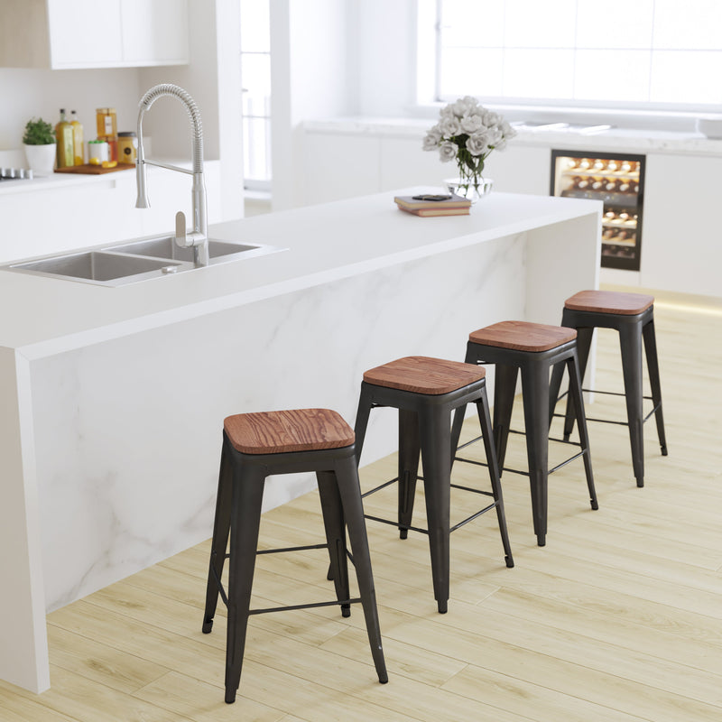 Brooklyn 24 Inch Tall Stackable Metal Bar Counter Stool With Textured Elm Wood Seat In Set Of 4