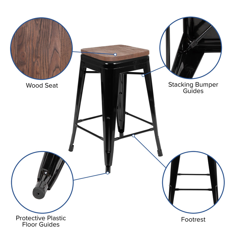Brooklyn 24 Inch Tall Stackable Metal Bar Counter Stool With Textured Elm Wood Seat In Set Of 4