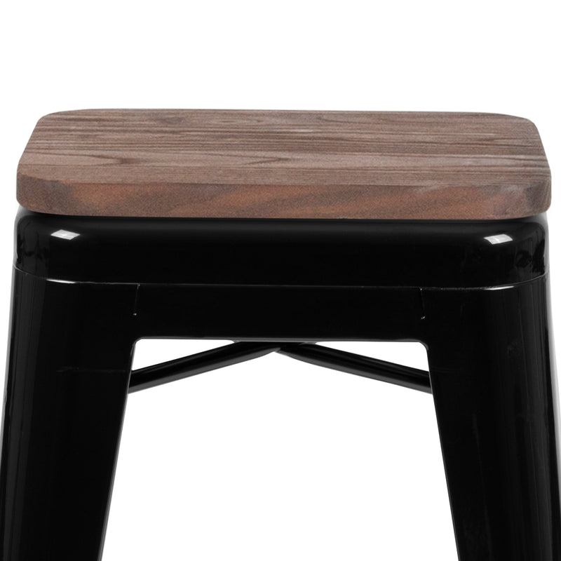 Brooklyn 24 Inch Tall Stackable Metal Bar Counter Stool With Textured Elm Wood Seat In Set Of 4