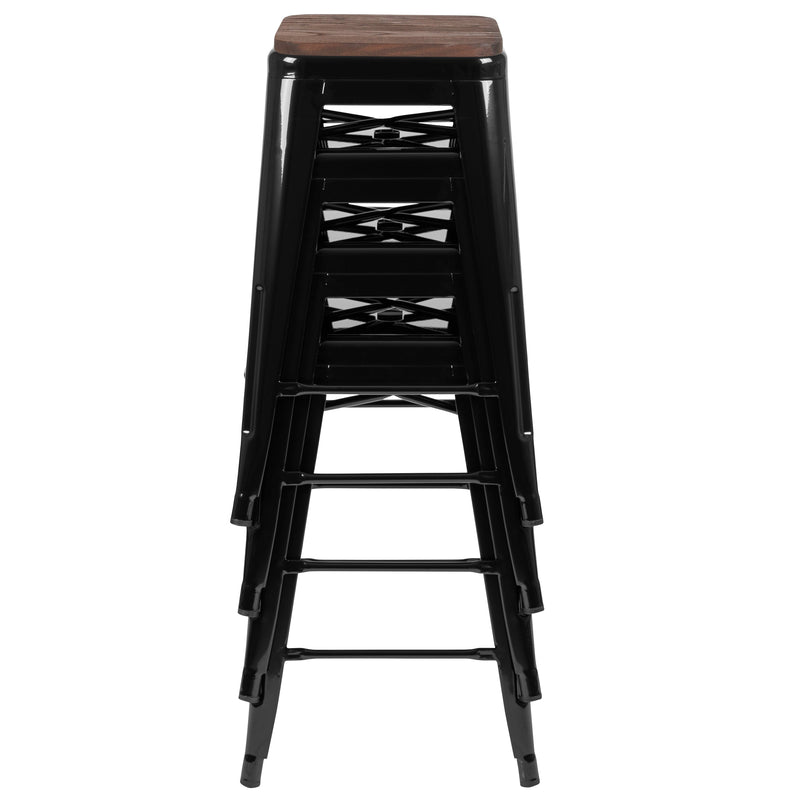 Brooklyn 24 Inch Tall Stackable Metal Bar Counter Stool With Textured Elm Wood Seat In Set Of 4