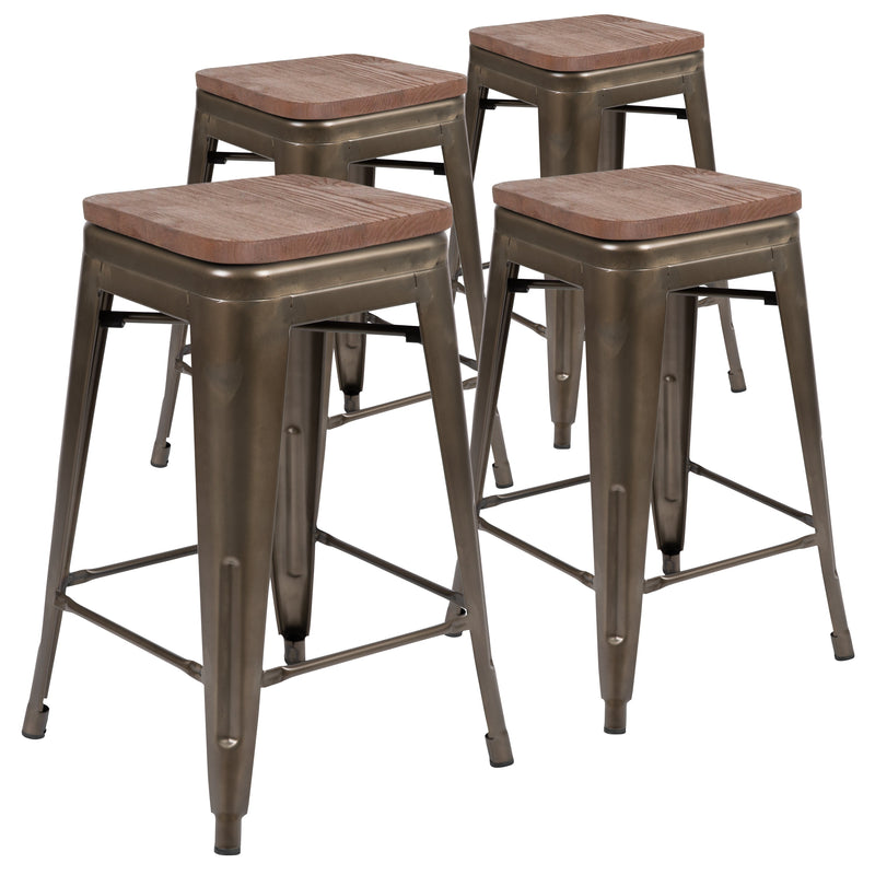 Brooklyn 24 Inch Tall Stackable Metal Bar Counter Stool With Textured Elm Wood Seat In Set Of 4
