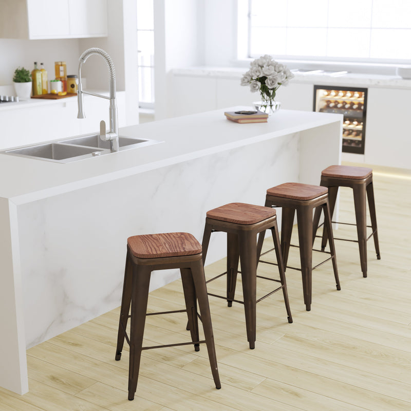 Brooklyn 24 Inch Tall Stackable Metal Bar Counter Stool With Textured Elm Wood Seat In Set Of 4
