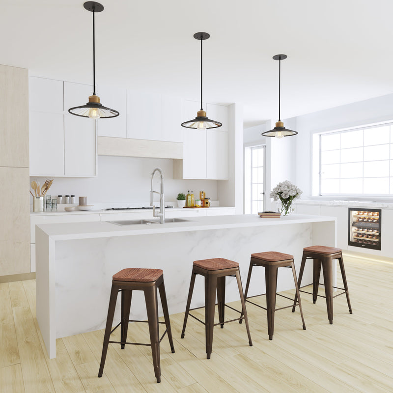 Brooklyn 24 Inch Tall Stackable Metal Bar Counter Stool With Textured Elm Wood Seat In Set Of 4