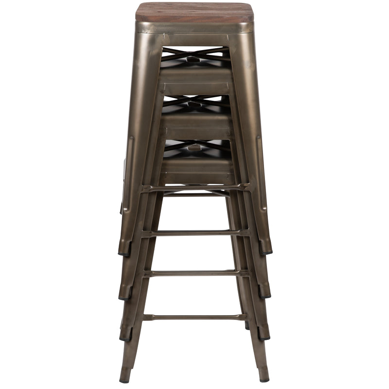 Brooklyn 24 Inch Tall Stackable Metal Bar Counter Stool With Textured Elm Wood Seat In Set Of 4