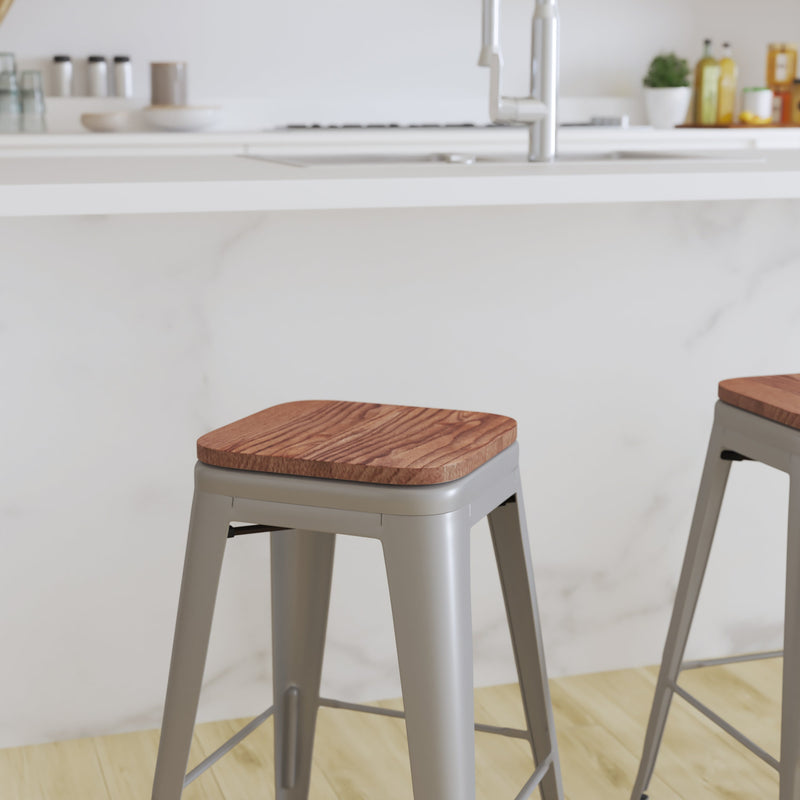 Brooklyn 24 Inch Tall Stackable Metal Bar Counter Stool With Textured Elm Wood Seat In Set Of 4