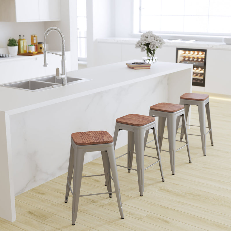 Brooklyn 24 Inch Tall Stackable Metal Bar Counter Stool With Textured Elm Wood Seat In Set Of 4
