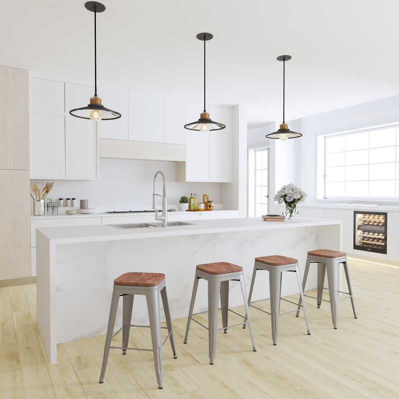 Brooklyn 24 Inch Tall Stackable Metal Bar Counter Stool With Textured Elm Wood Seat In Set Of 4