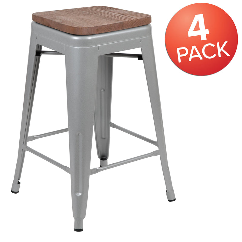 Brooklyn 24 Inch Tall Stackable Metal Bar Counter Stool With Textured Elm Wood Seat In Set Of 4