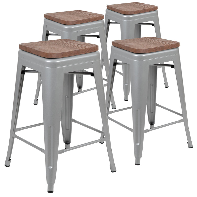 Brooklyn 24 Inch Tall Stackable Metal Bar Counter Stool With Textured Elm Wood Seat In Set Of 4