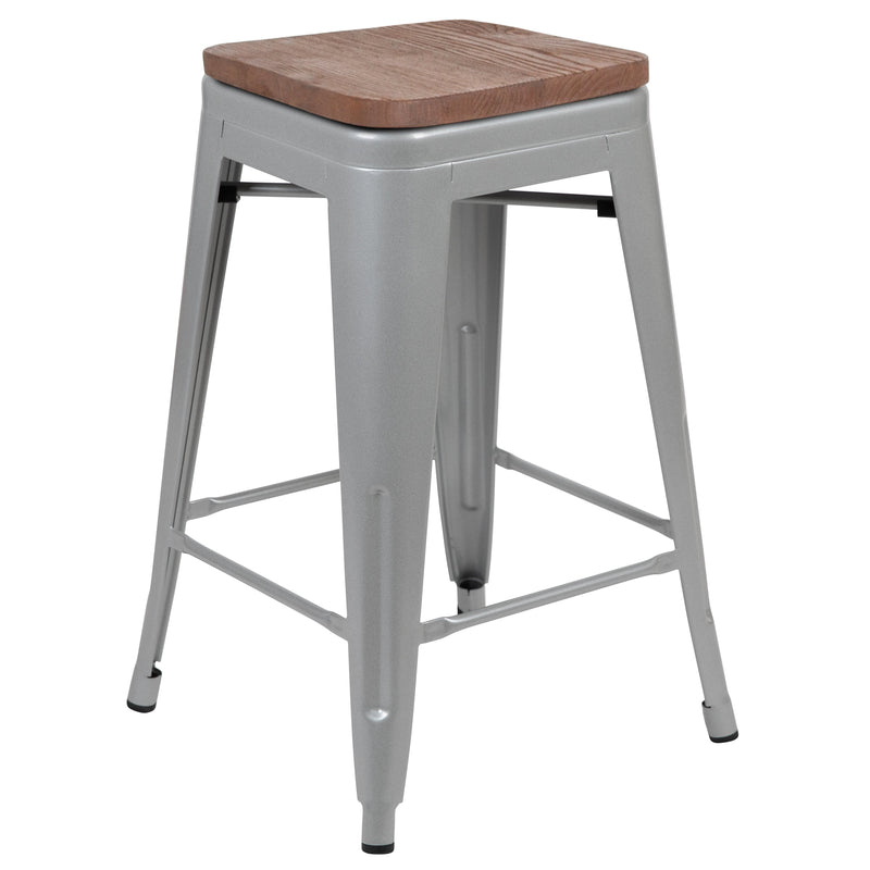 Brooklyn 24 Inch Tall Stackable Metal Bar Counter Stool With Textured Elm Wood Seat In Set Of 4