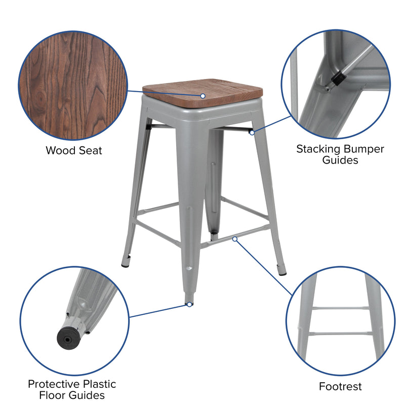 Brooklyn 24 Inch Tall Stackable Metal Bar Counter Stool With Textured Elm Wood Seat In Set Of 4
