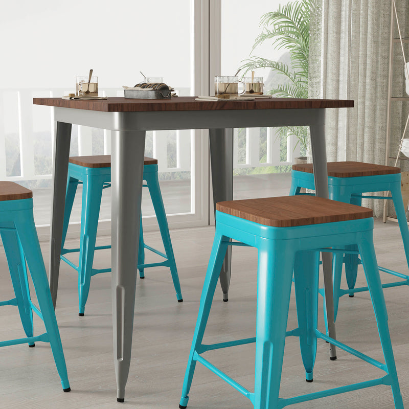 Brooklyn 24 Inch Tall Stackable Metal Bar Counter Stool With Textured Elm Wood Seat In Set Of 4