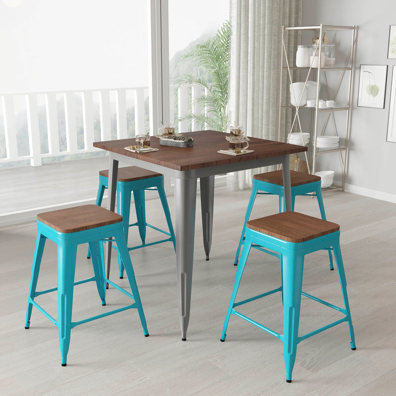 Brooklyn 24 Inch Tall Stackable Metal Bar Counter Stool With Textured Elm Wood Seat In Set Of 4