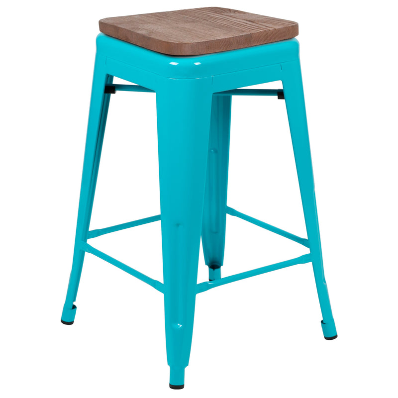 Brooklyn 24 Inch Tall Stackable Metal Bar Counter Stool With Textured Elm Wood Seat In Set Of 4