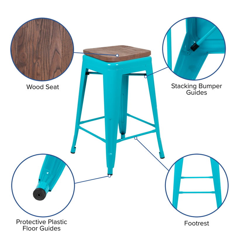 Brooklyn 24 Inch Tall Stackable Metal Bar Counter Stool With Textured Elm Wood Seat In Set Of 4