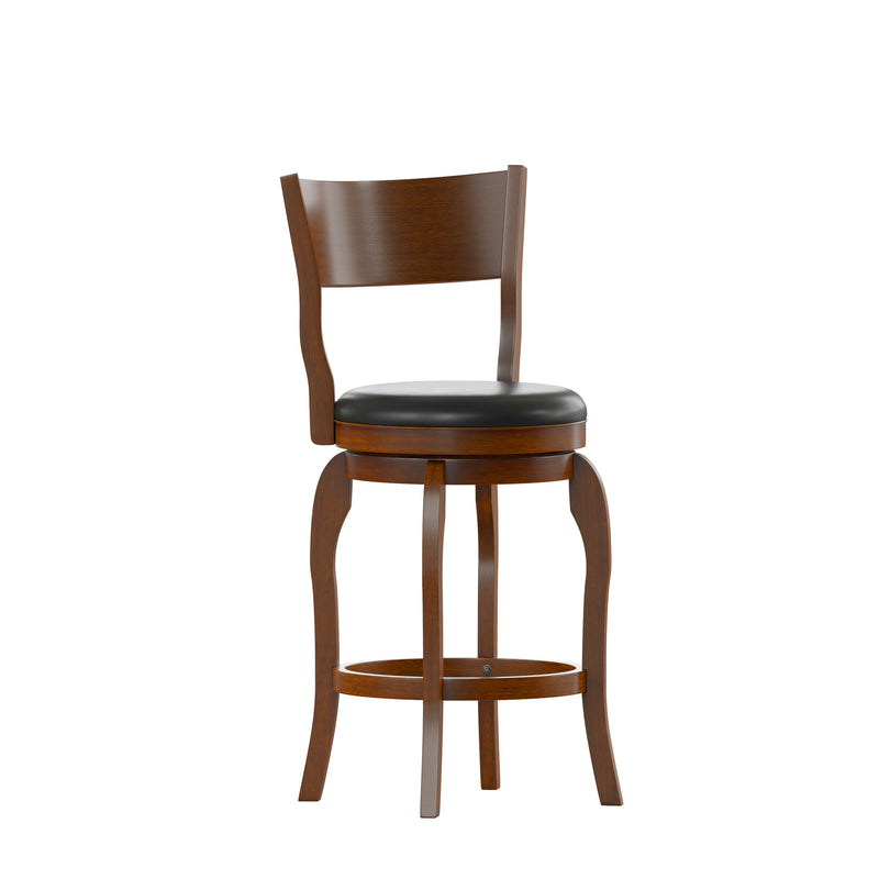 Tally 24" Classic Wooden Open Back Swivel Counter Height Pub Stool with Black Faux Leather Padded Seat and Integrated Footrest