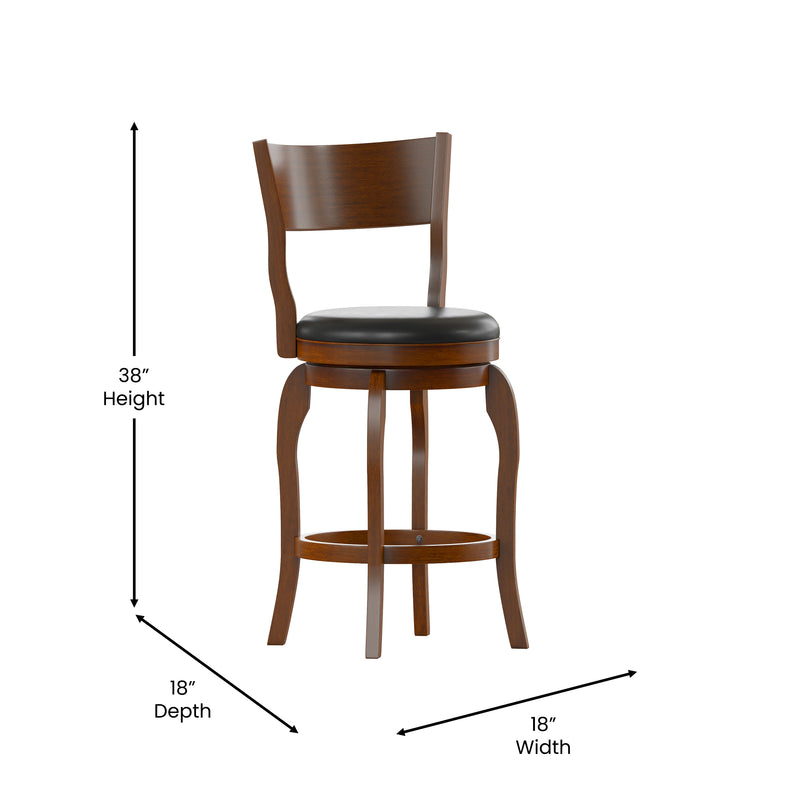 Tally 24" Classic Wooden Open Back Swivel Counter Height Pub Stool with Black Faux Leather Padded Seat and Integrated Footrest