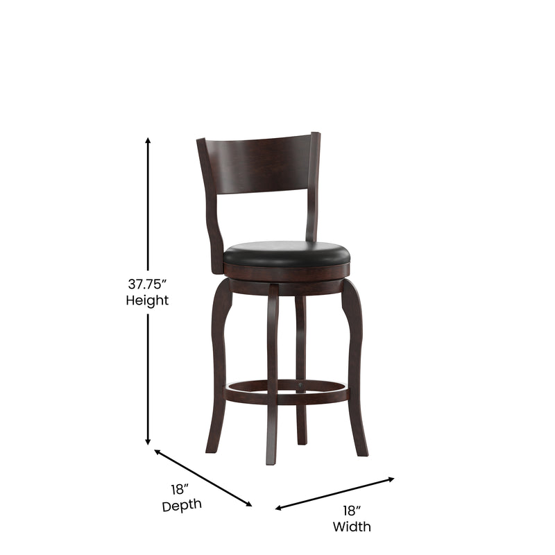 Tally 24" Classic Wooden Open Back Swivel Counter Height Pub Stool with Black Faux Leather Padded Seat and Integrated Footrest