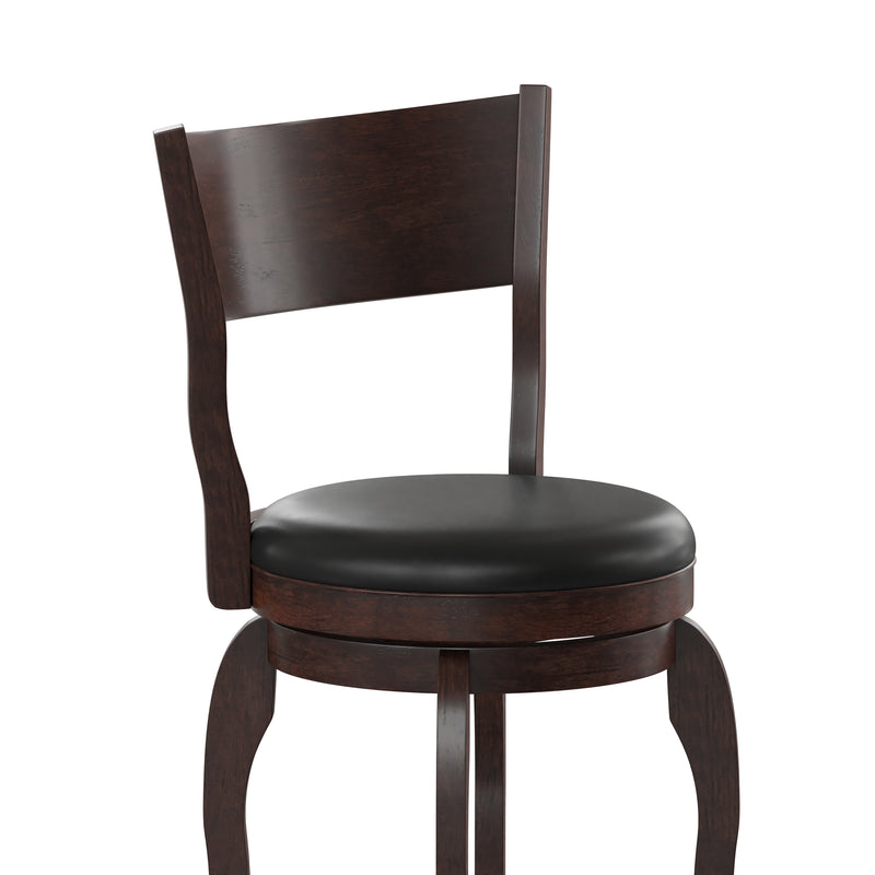 Tally 24" Espresso Classic Wooden Open Back Swivel Counter Height Pub Stool with Black Faux Leather Padded Seat and Integrated Footrest
