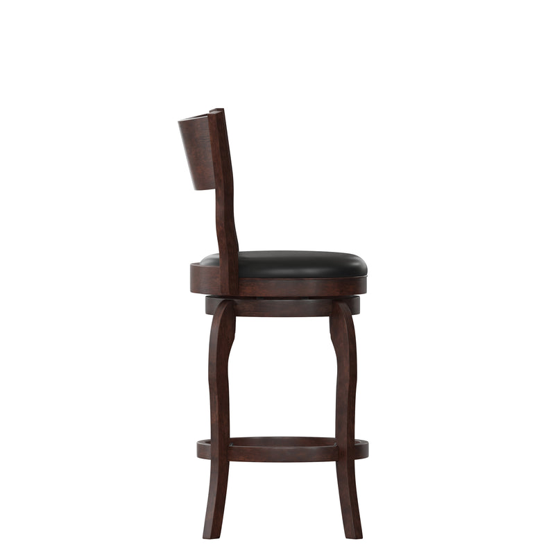 Tally 24" Classic Wooden Open Back Swivel Counter Height Pub Stool with Black Faux Leather Padded Seat and Integrated Footrest