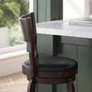 Tally 24" Classic Wooden Open Back Swivel Counter Height Pub Stool with Black Faux Leather Padded Seat and Integrated Footrest