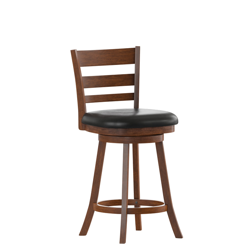 Silla 24" Classic Wooden Ladderback Swivel Counter Height Stool with Black Faux Leather Padded Seat and Integrated Footrest