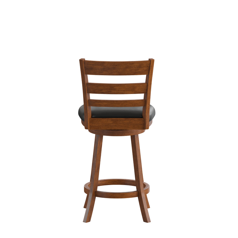 Silla 24" Classic Wooden Ladderback Swivel Counter Height Stool with Black Faux Leather Padded Seat and Integrated Footrest
