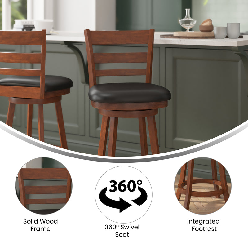 Silla 24" Classic Wooden Ladderback Swivel Counter Height Stool with Black Faux Leather Padded Seat and Integrated Footrest