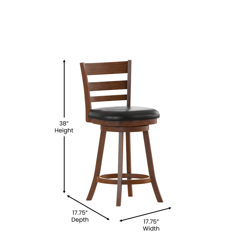 Silla 24" Classic Wooden Ladderback Swivel Counter Height Stool with Black Faux Leather Padded Seat and Integrated Footrest