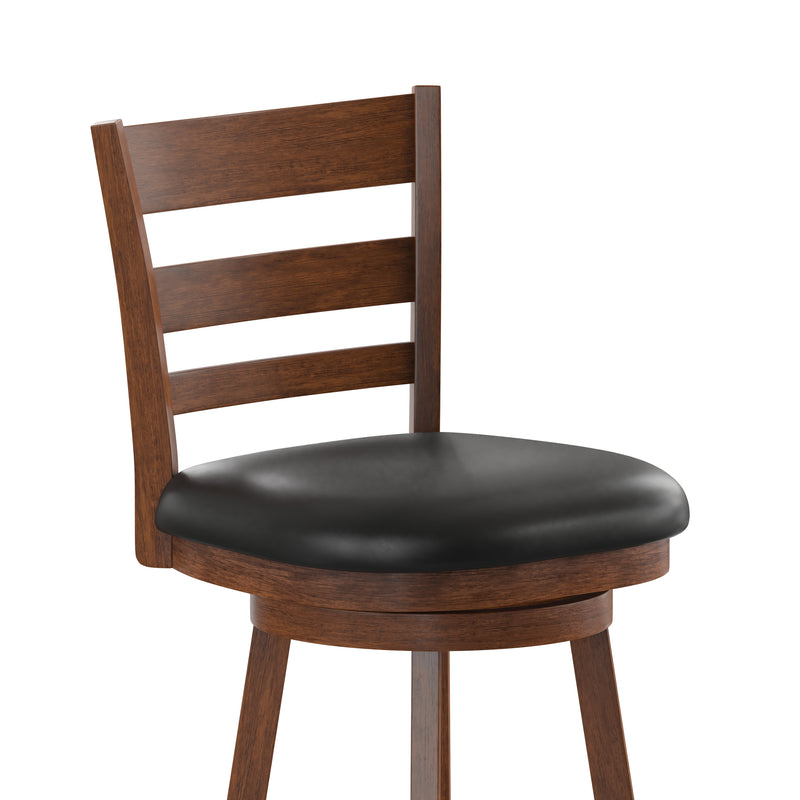 Silla 24" Classic Wooden Ladderback Swivel Counter Height Stool with Black Faux Leather Padded Seat and Integrated Footrest