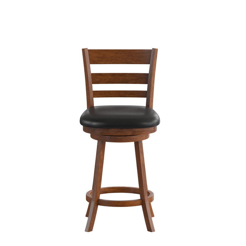 Silla 24" Classic Wooden Ladderback Swivel Counter Height Stool with Black Faux Leather Padded Seat and Integrated Footrest
