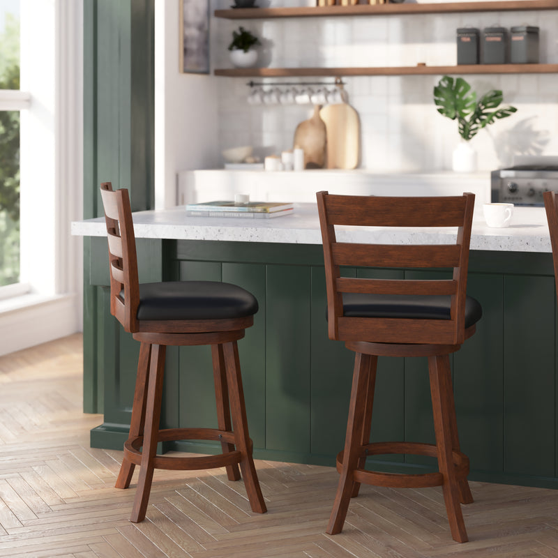 Silla 24" Classic Wooden Ladderback Swivel Counter Height Stool with Black Faux Leather Padded Seat and Integrated Footrest