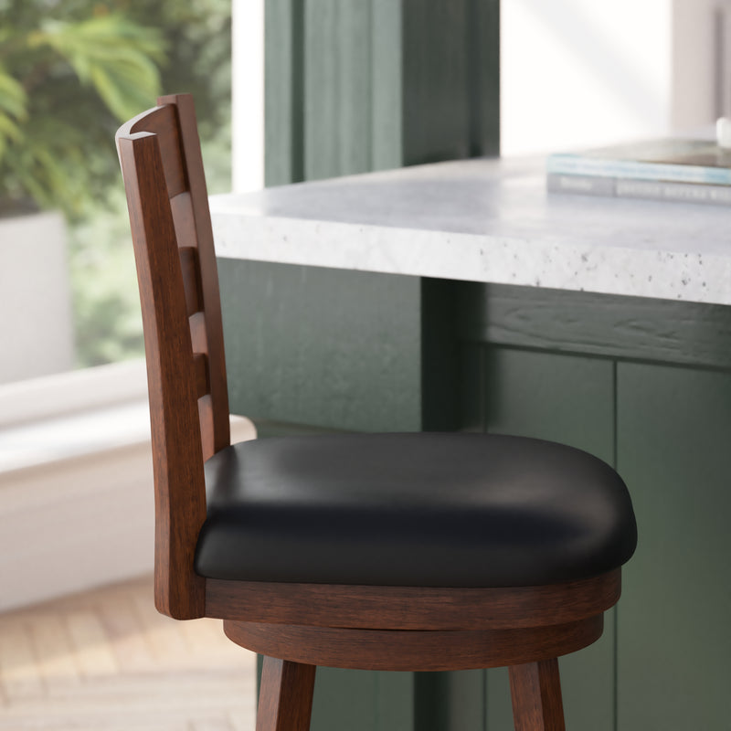 Silla 24" Classic Wooden Ladderback Swivel Counter Height Stool with Black Faux Leather Padded Seat and Integrated Footrest