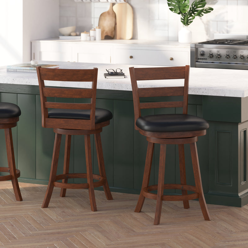 Silla 24" Classic Wooden Ladderback Swivel Counter Height Stool with Black Faux Leather Padded Seat and Integrated Footrest