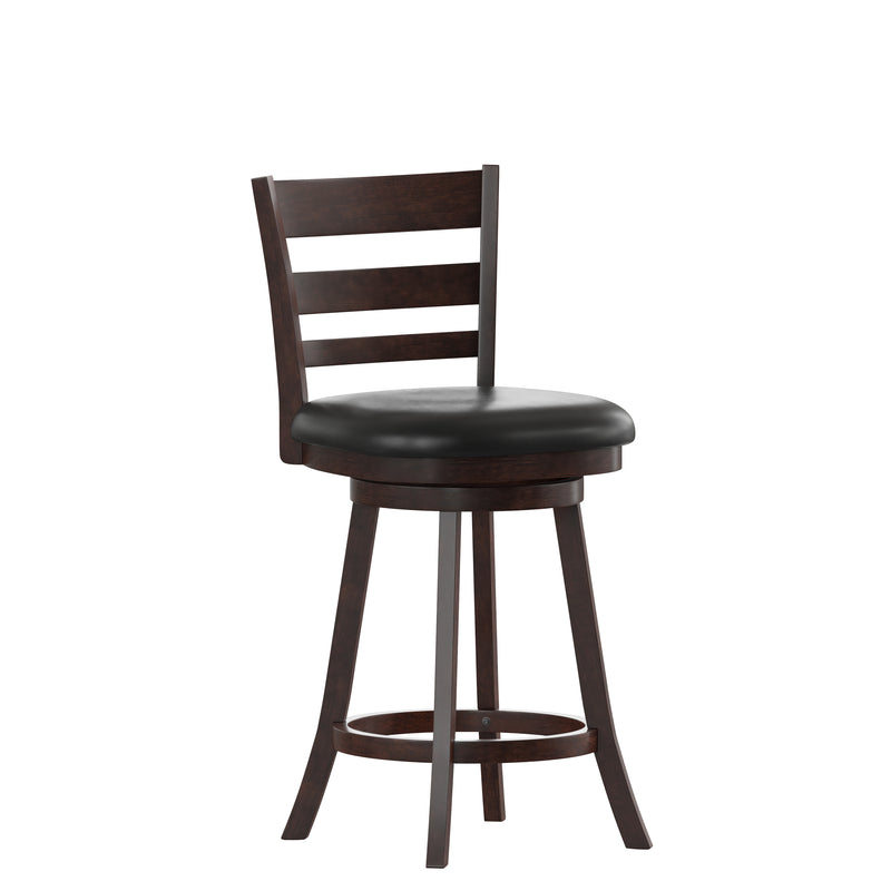 Silla 24" Espresso Classic Wooden Ladderback Swivel Counter Height Stool with Black Faux Leather Padded Seat and Integrated Footrest