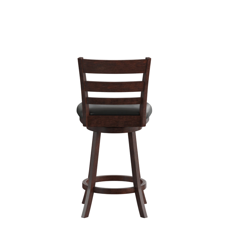 Silla 24" Espresso Classic Wooden Ladderback Swivel Counter Height Stool with Black Faux Leather Padded Seat and Integrated Footrest