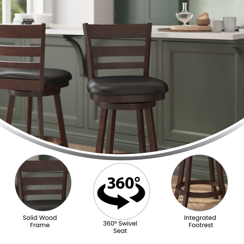 Silla 24" Espresso Classic Wooden Ladderback Swivel Counter Height Stool with Black Faux Leather Padded Seat and Integrated Footrest
