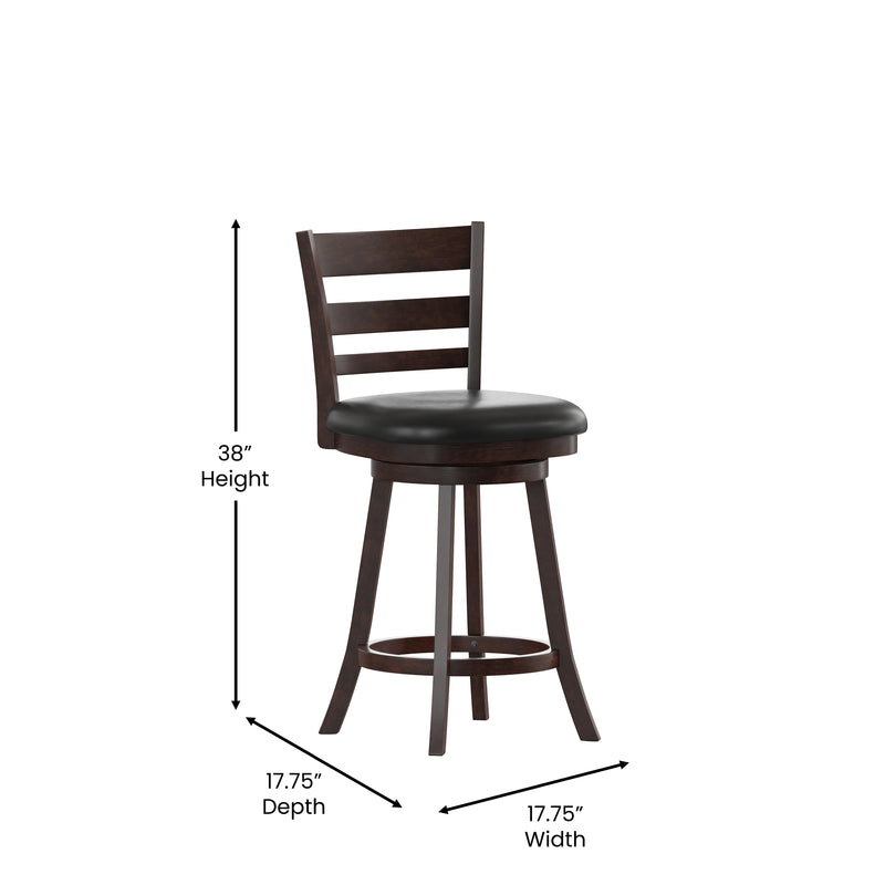 Silla 24" Espresso Classic Wooden Ladderback Swivel Counter Height Stool with Black Faux Leather Padded Seat and Integrated Footrest