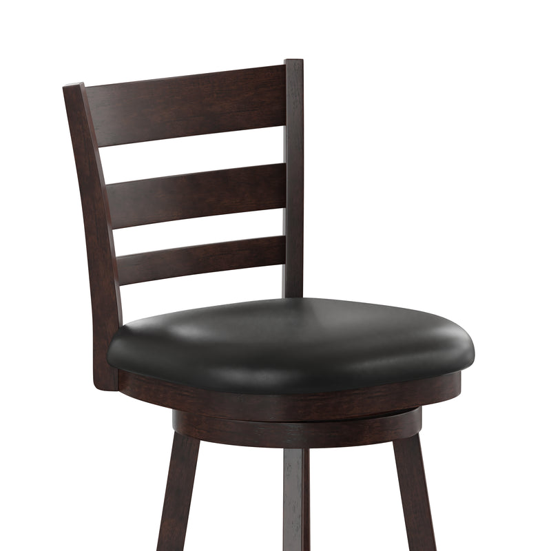 Silla 24" Espresso Classic Wooden Ladderback Swivel Counter Height Stool with Black Faux Leather Padded Seat and Integrated Footrest