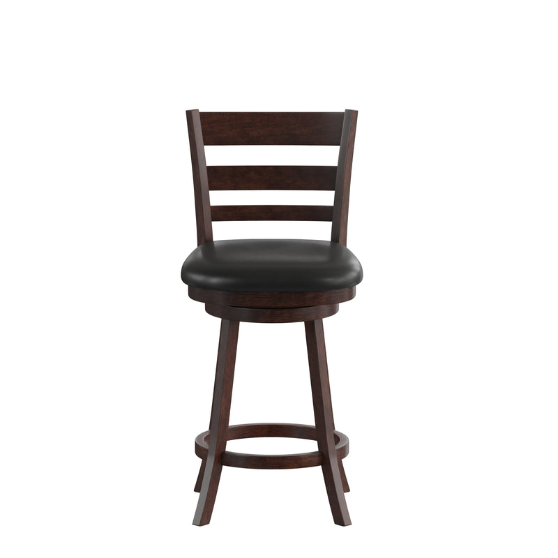 Silla 24" Espresso Classic Wooden Ladderback Swivel Counter Height Stool with Black Faux Leather Padded Seat and Integrated Footrest
