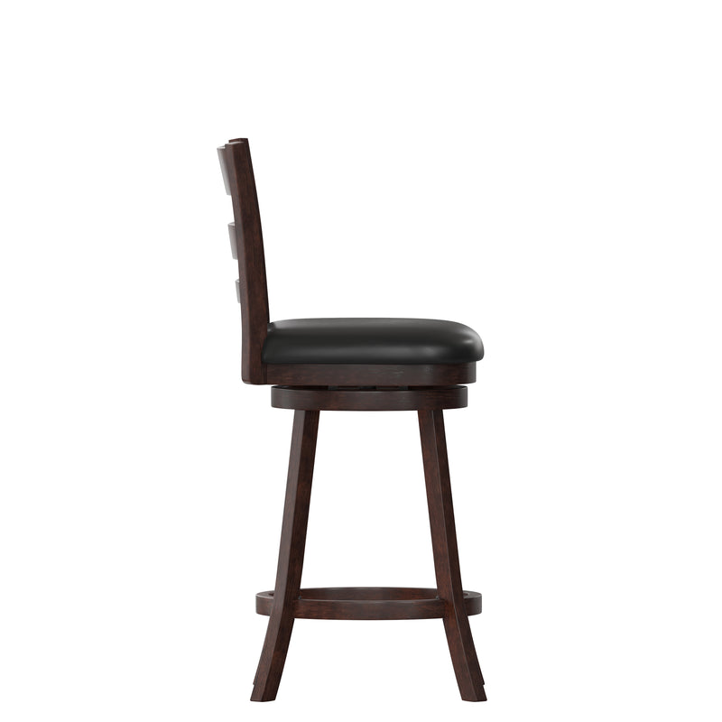 Silla 24" Espresso Classic Wooden Ladderback Swivel Counter Height Stool with Black Faux Leather Padded Seat and Integrated Footrest